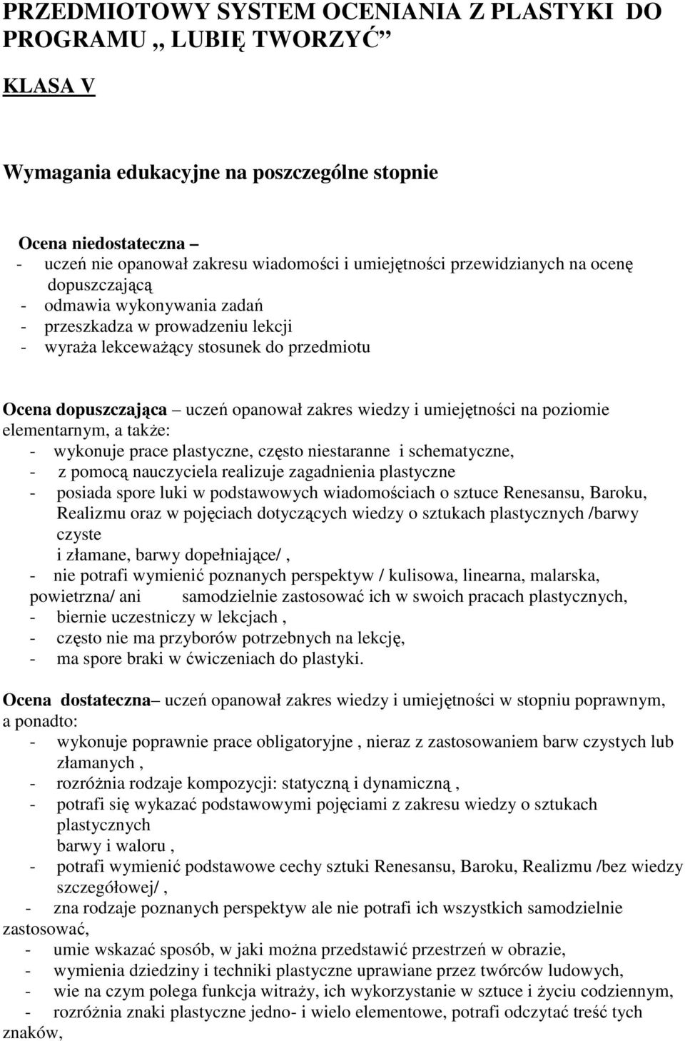 umiejętności na poziomie elementarnym, a także: - wykonuje prace plastyczne, często niestaranne i schematyczne, - z pomocą nauczyciela realizuje zagadnienia plastyczne - posiada spore luki w