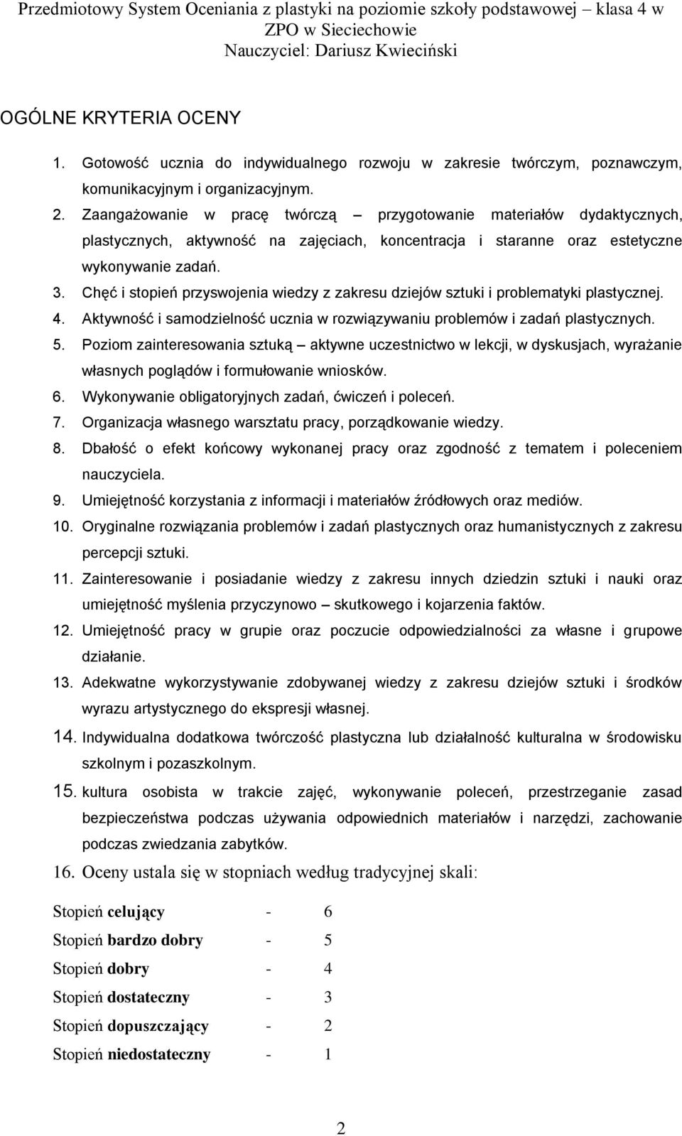 Zaangażowanie w pracę twórczą przygotowanie materiałów dydaktycznych, plastycznych, aktywność na zajęciach, koncentracja i staranne oraz estetyczne wykonywanie zadań. 3.