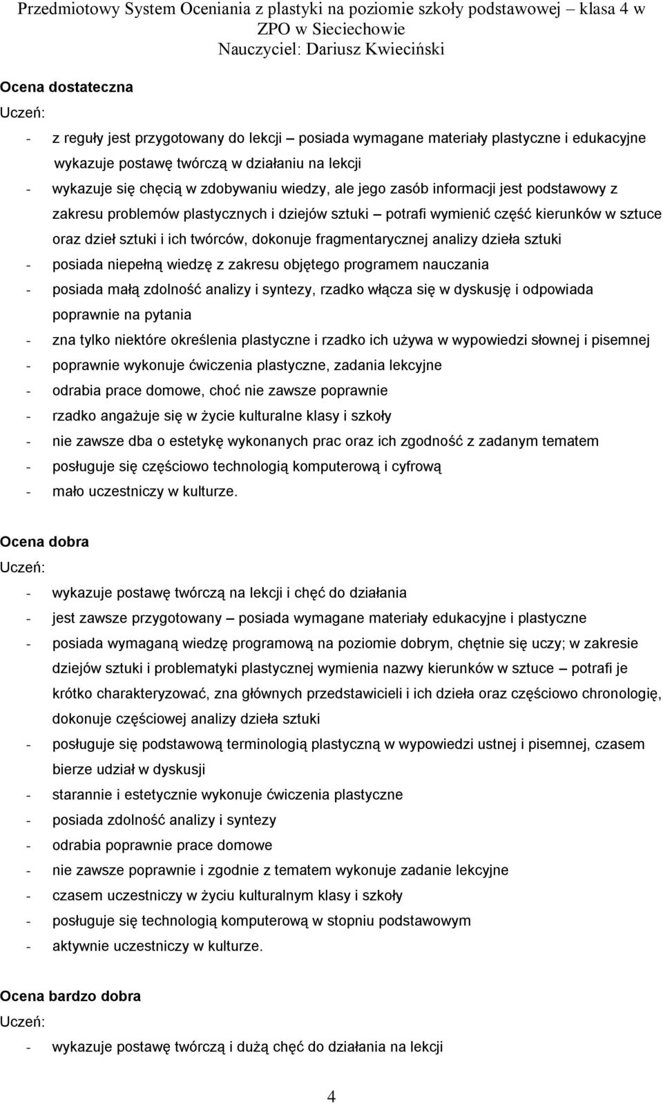 sztuki potrafi wymienić część kierunków w sztuce oraz dzieł sztuki i ich twórców, dokonuje fragmentarycznej analizy dzieła sztuki - posiada niepełną wiedzę z zakresu objętego programem nauczania -