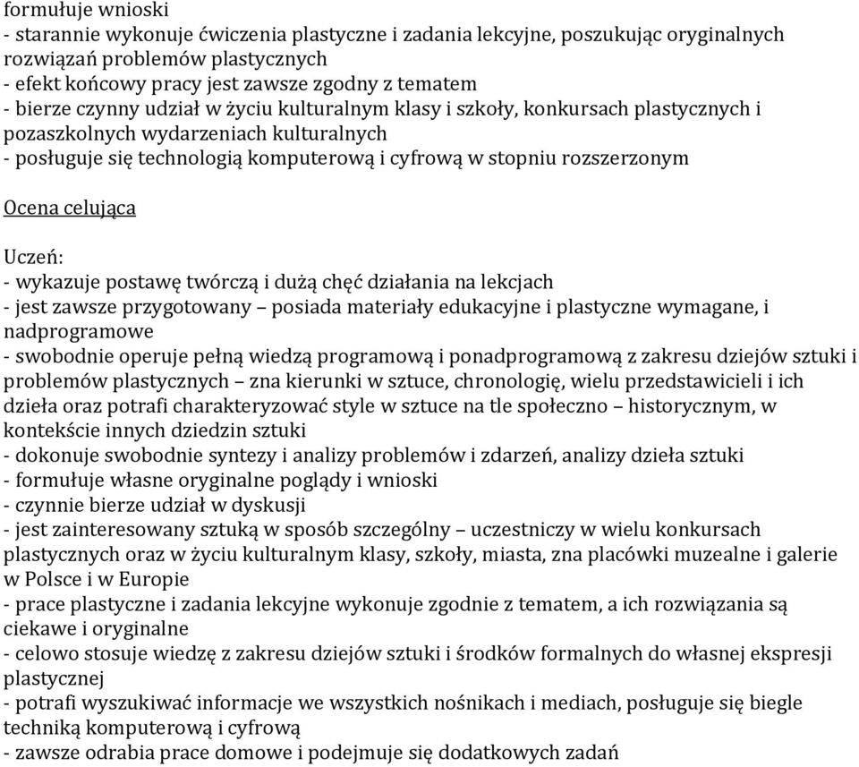 twórczą i dużą chęć działania na lekcjach - jest zawsze przygotowany posiada materiały edukacyjne i plastyczne wymagane, i nadprogramowe - swobodnie operuje pełną wiedzą programową i ponadprogramową