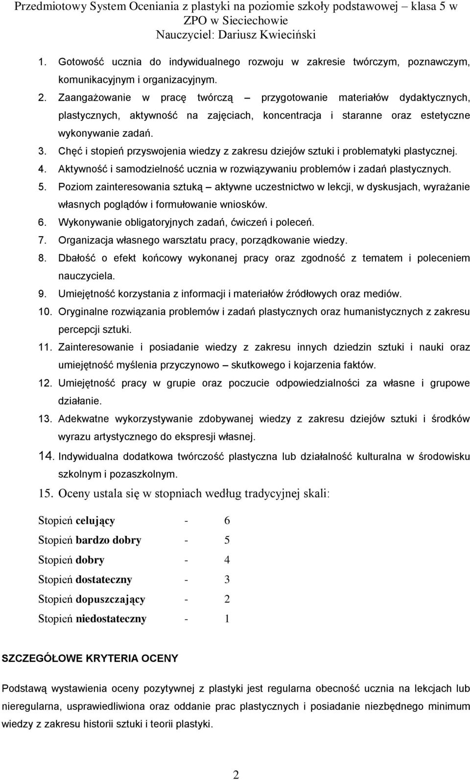 Chęć i stopień przyswojenia wiedzy z zakresu dziejów sztuki i problematyki plastycznej. 4. Aktywność i samodzielność ucznia w rozwiązywaniu problemów i zadań plastycznych. 5.