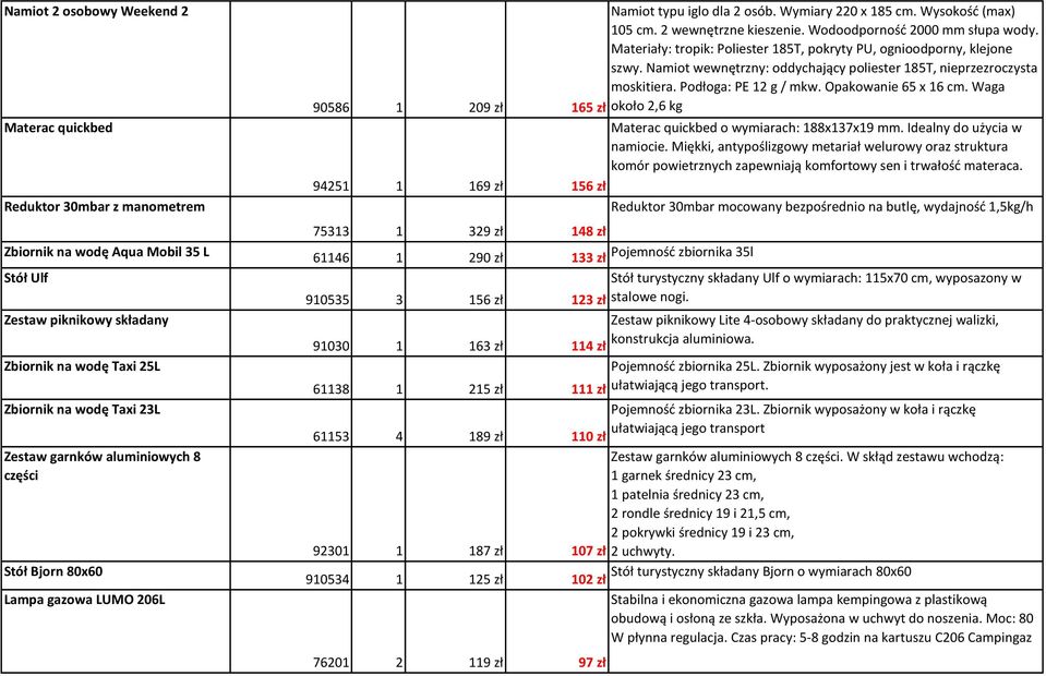 Wodoodporność 2000 mm słupa wody. Materiały: tropik: Poliester 185T, pokryty PU, ognioodporny, klejone szwy. Namiot wewnętrzny: oddychający poliester 185T, nieprzezroczysta moskitiera.