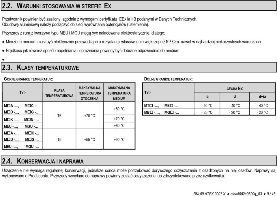 Przyrządy z rurą z tworzywa typu MEU i MGU mogą być naładowane elektrostatycznie, dlatego: Mierzone medium musi być elektrycznie przewodzące o rezystancji właściwej nie większej niż10 4 m nawet w