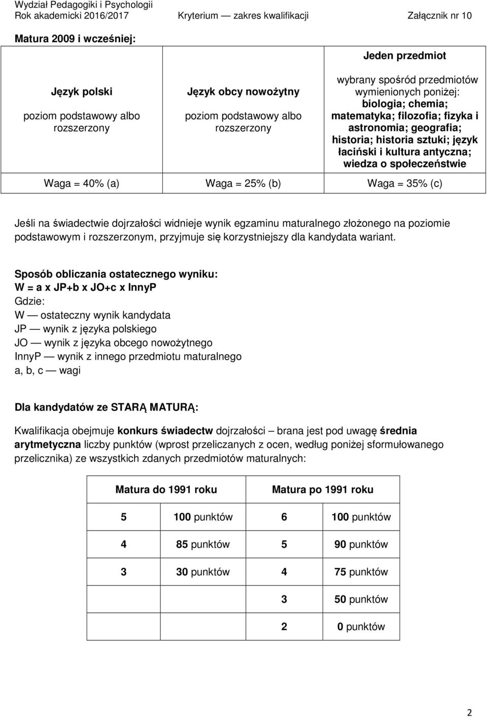 maturalnego złożonego na poziomie podstawowym i rozszerzonym, przyjmuje się korzystniejszy dla kandydata wariant.