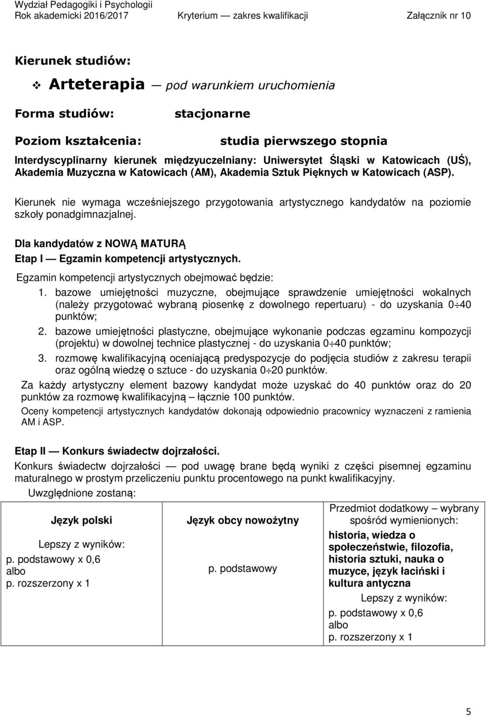 Kierunek nie wymaga wcześniejszego przygotowania artystycznego kandydatów na poziomie szkoły ponadgimnazjalnej. Dla kandydatów z NOWĄ MATURĄ Etap I Egzamin kompetencji artystycznych.