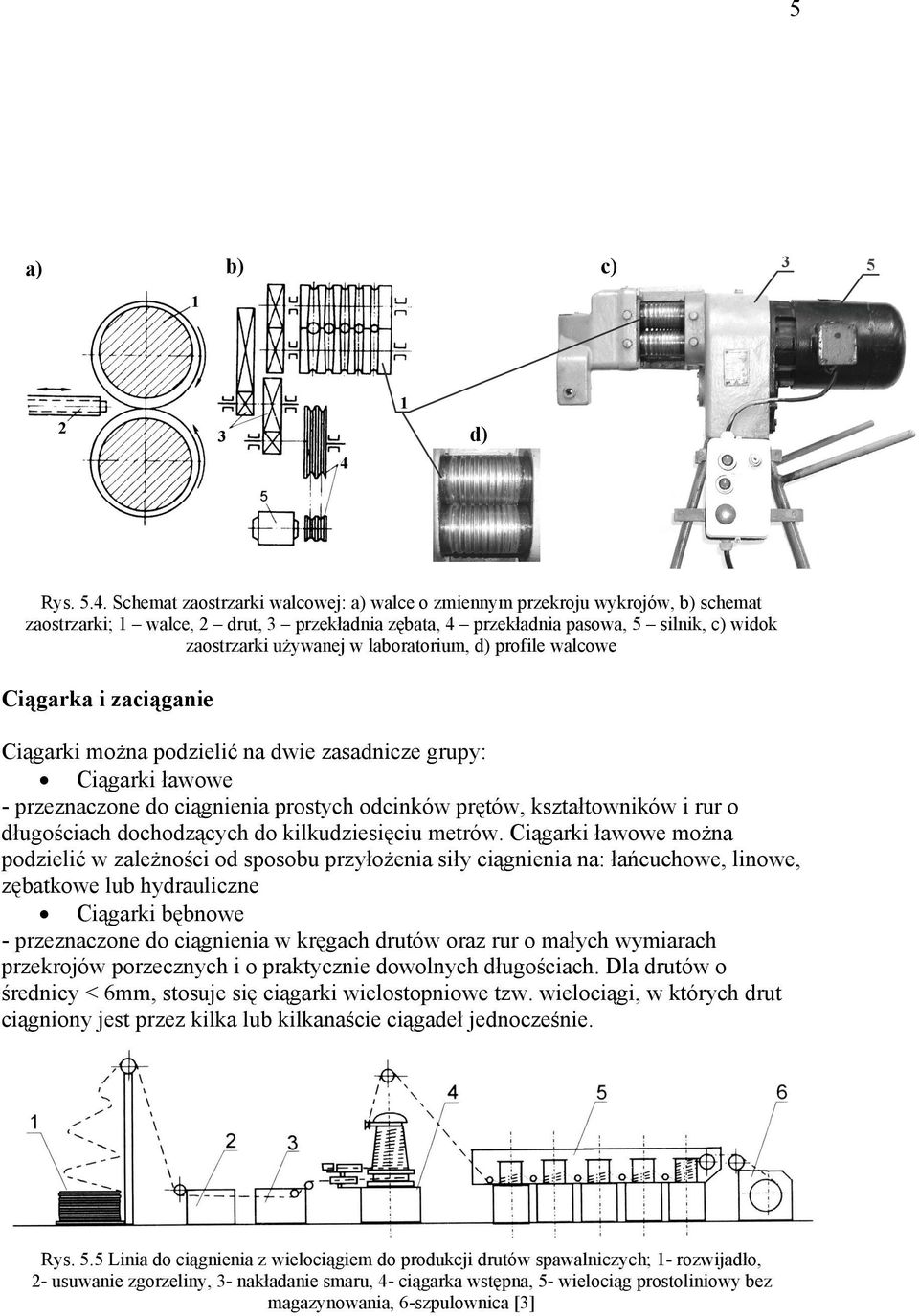 Schemat zaostrzarki walcowej: a) walce o zmiennym przekroju wykrojów, b) schemat zaostrzarki; 1 walce, 2 drut, 3 przekładnia zębata, 4 przekładnia pasowa, silnik, c) widok zaostrzarki używanej w