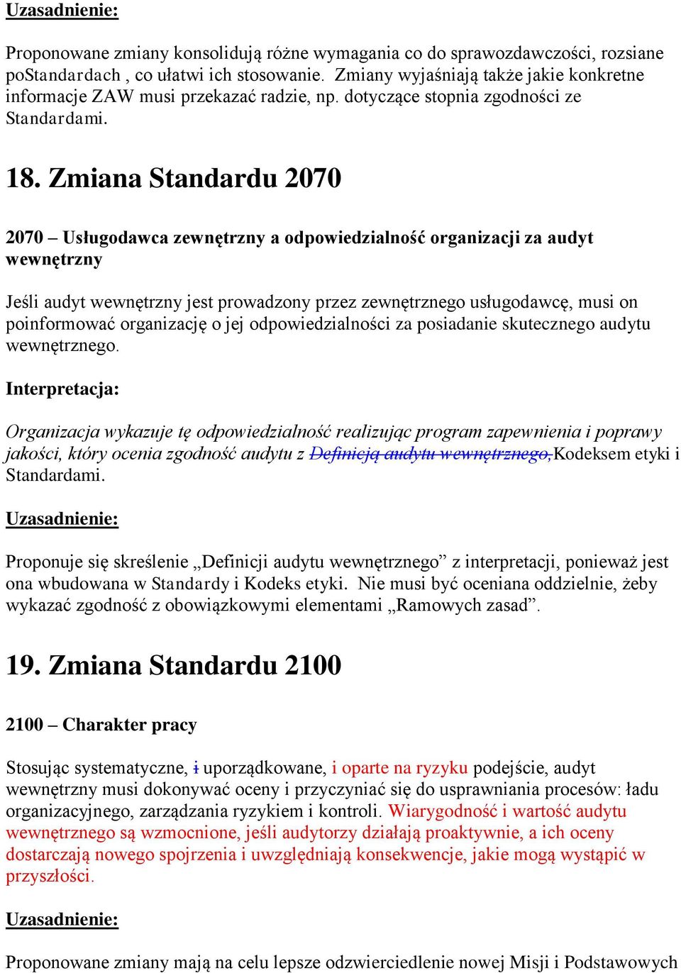 Zmiana Standardu 2070 2070 Usługodawca zewnętrzny a odpowiedzialność organizacji za audyt wewnętrzny Jeśli audyt wewnętrzny jest prowadzony przez zewnętrznego usługodawcę, musi on poinformować