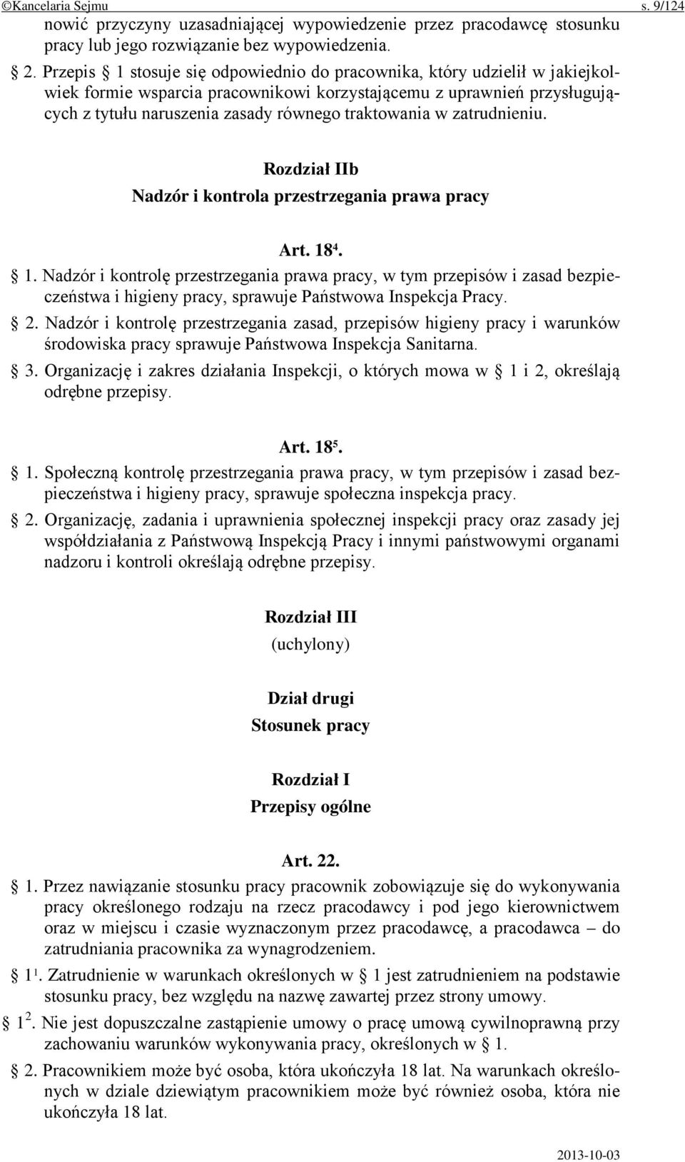 w zatrudnieniu. Rozdział IIb Nadzór i kontrola przestrzegania prawa pracy Art. 18
