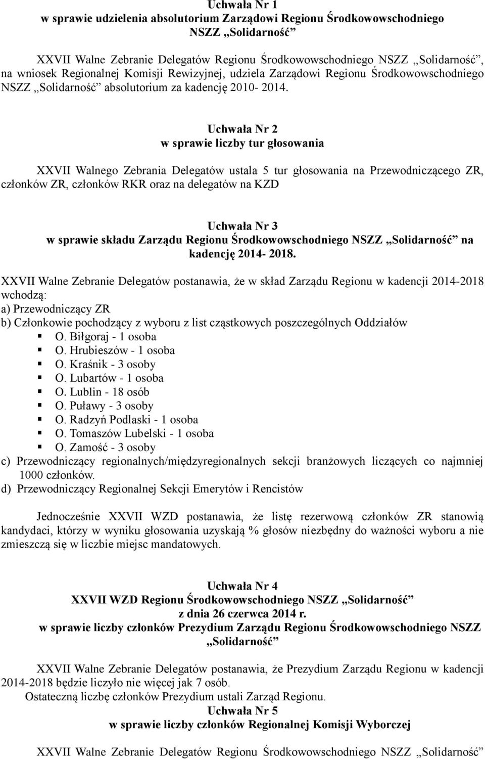 Uchwała Nr 2 w sprawie liczby tur głosowania XXVII Walnego Zebrania Delegatów ustala 5 tur głosowania na Przewodniczącego ZR, członków ZR, członków RKR oraz na delegatów na KZD Uchwała Nr 3 w sprawie