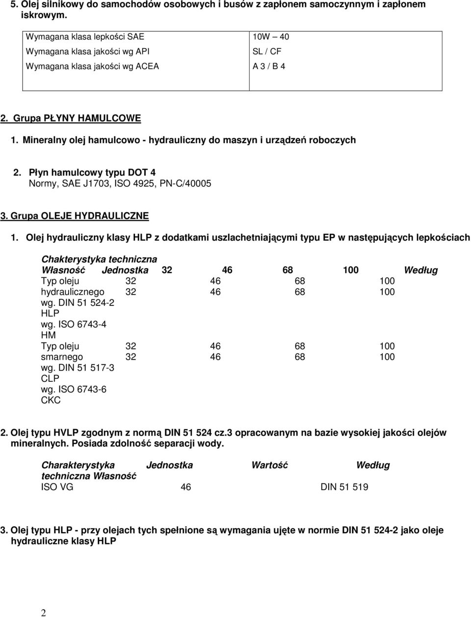 Olej hydrauliczny klasy HLP z dodatkami uszlachetniającymi typu EP w następujących lepkościach Chakterystyka techniczna Własność Jednostka Według Typ oleju hydraulicznego wg. DIN 51 524-2 HLP wg.