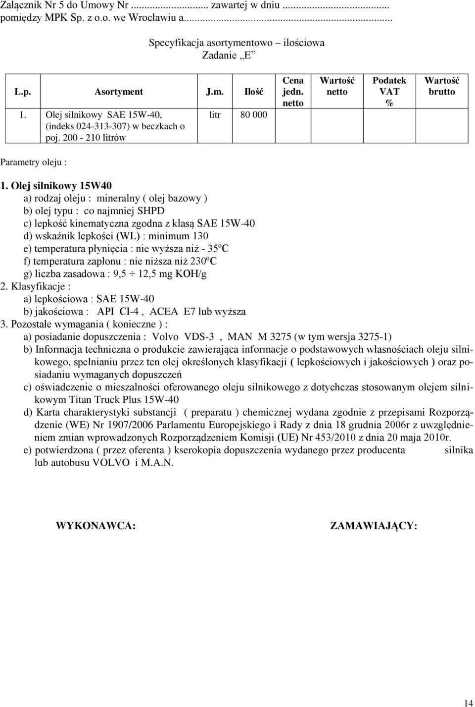 Olej silnikowy 15W40 a) rodzaj oleju : mineralny ( olej bazowy ) b) olej typu : co najmniej SHPD c) lepkość kinematyczna zgodna z klasą SAE 15W-40 d) wskaźnik lepkości (WL) : minimum 130 e)