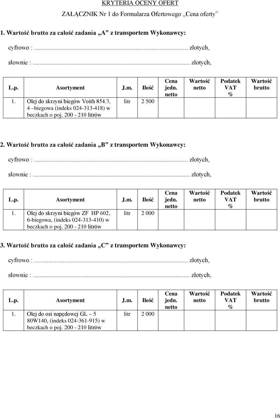 .. złotych, słownie :... złotych, L.p. Asortyment J.m. Ilość 1. Olej do skrzyni biegów ZF HP 602, 6-biegowa, (indeks 024-313-410) w beczkach o poj. 200-210 litrów litr 2 000 Cena jedn.