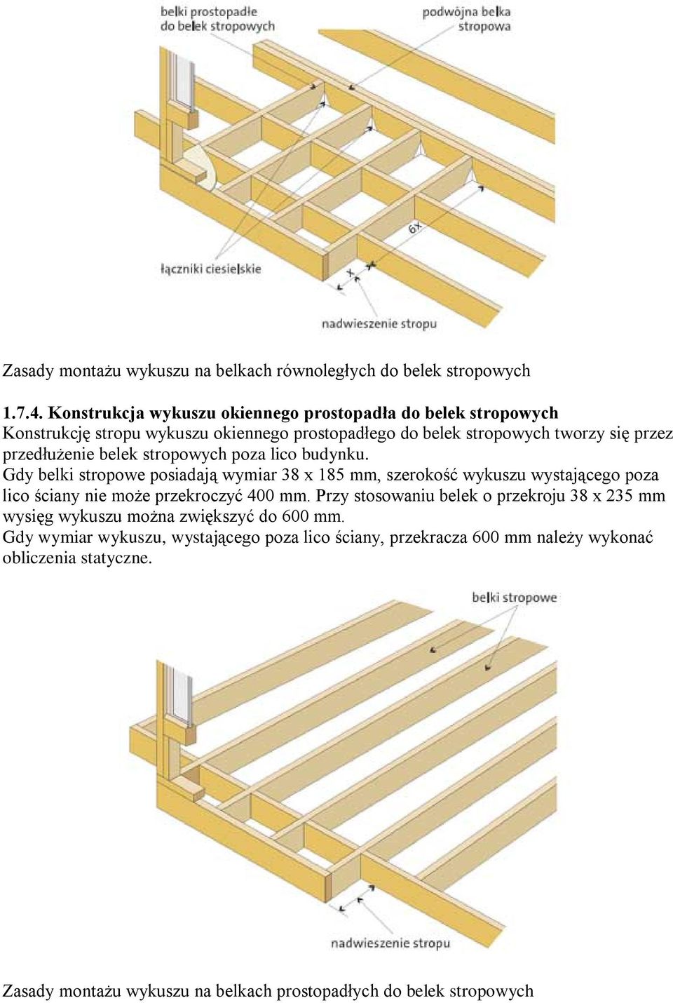 belek stropowych poza lico budynku. Gdy belki stropowe posiadają wymiar 38 x 185 mm, szerokość wykuszu wystającego poza lico ściany nie może przekroczyć 400 mm.