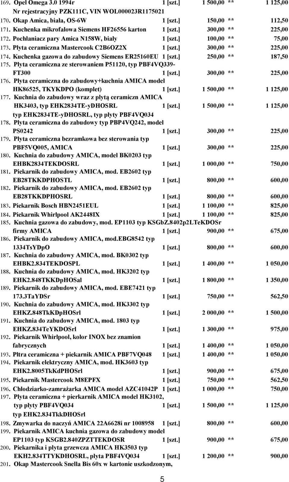 ] 300,00 ** 225,00 174. Kuchenka gazowa do zabudowy Siemens ER25160EU 1 [szt.] 250,00 ** 187,50 175. Płyta ceramiczna ze sterowaniem P51120, typ PBF4VQ339- FT300 1 [szt.] 300,00 ** 225,00 176.