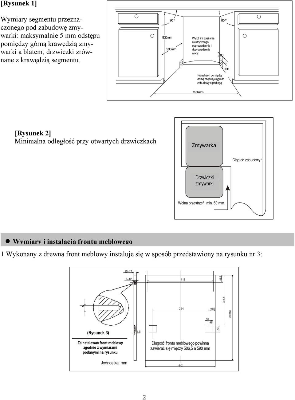 parte inferiore e parte dolną superiore częścią ciągu del vano do zabudowy a incasso a podłogą 450 mm [Rysunek 2] Minimalna odległość przy otwartych drzwiczkach Lavastoviglie Zmywarka Ciąg Vano do