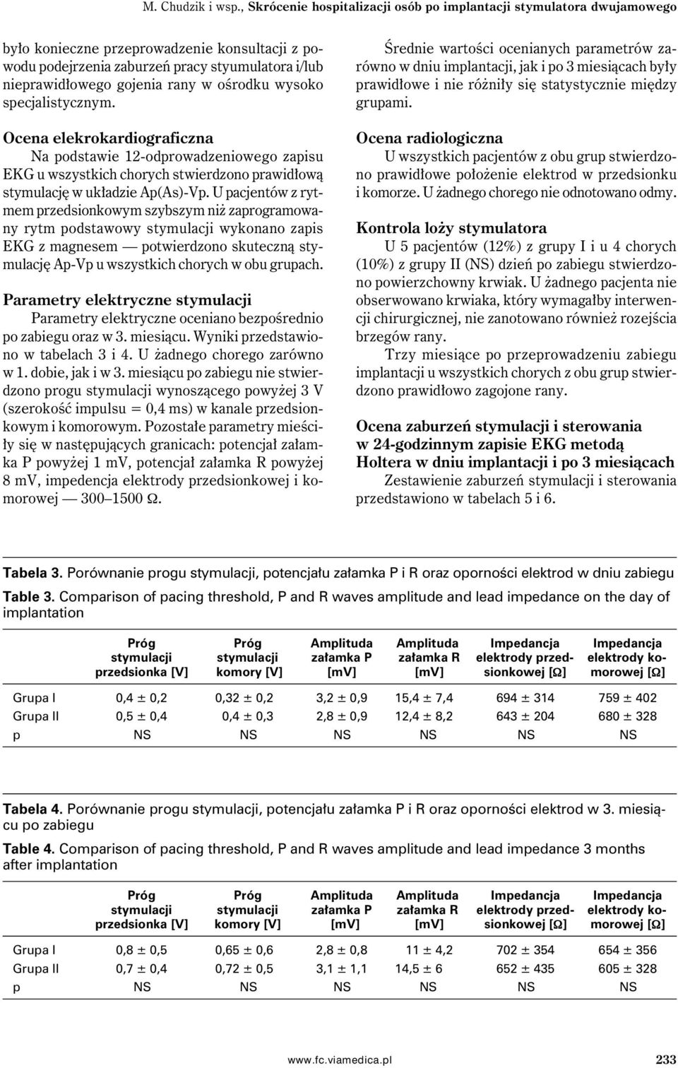 ośrodku wysoko specjalistycznym. Ocena elekrokardiograficzna Na podstawie 12-odprowadzeniowego zapisu EKG u wszystkich chorych stwierdzono prawidłową stymulację w układzie Ap(As)-Vp.