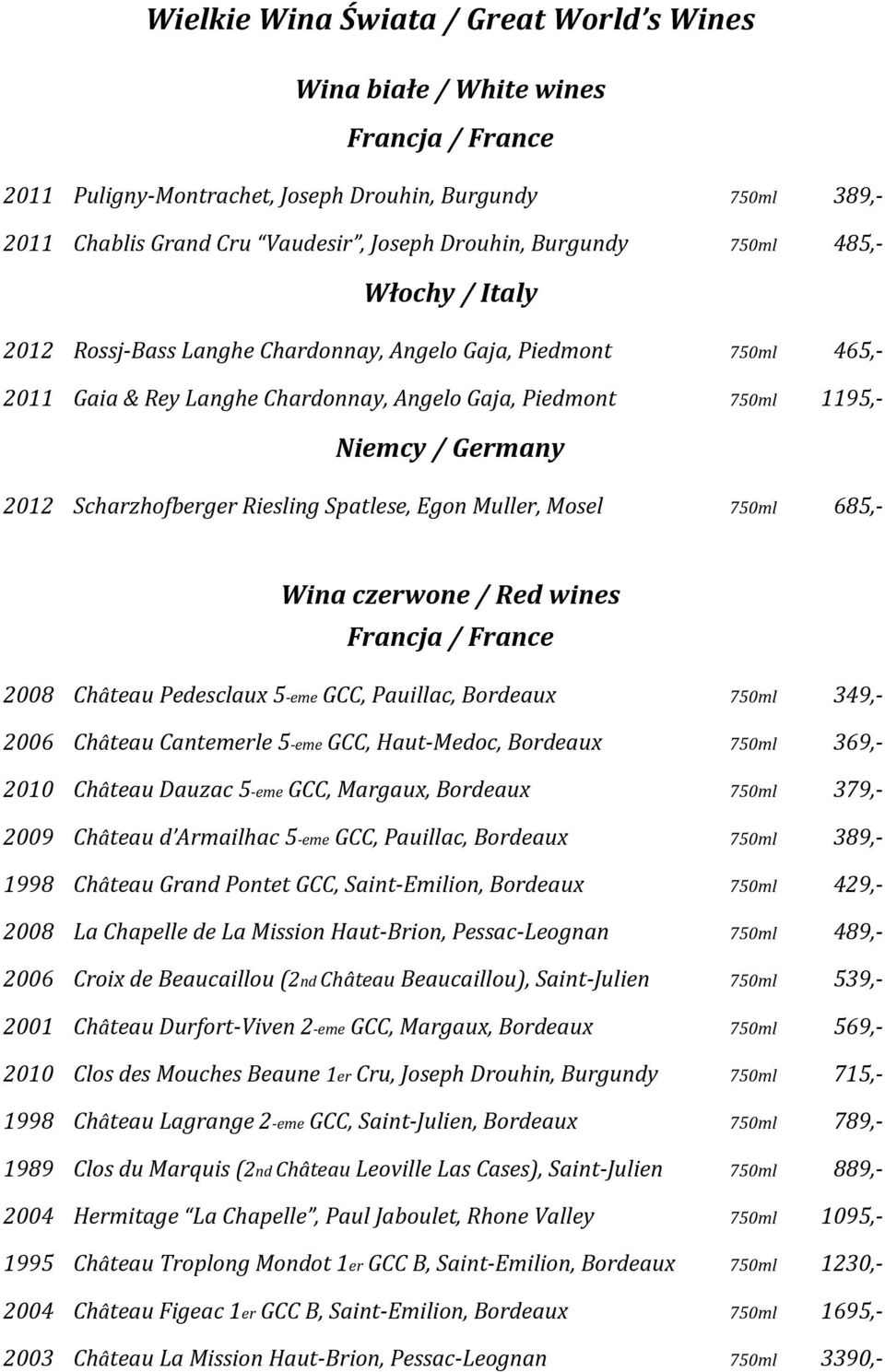 Scharzhofberger Riesling Spatlese, Egon Muller, Mosel 750ml 685,- Wina czerwone / Red wines Francja / France 2008 Château Pedesclaux 5-eme GCC, Pauillac, Bordeaux 750ml 349,- 2006 Château Cantemerle