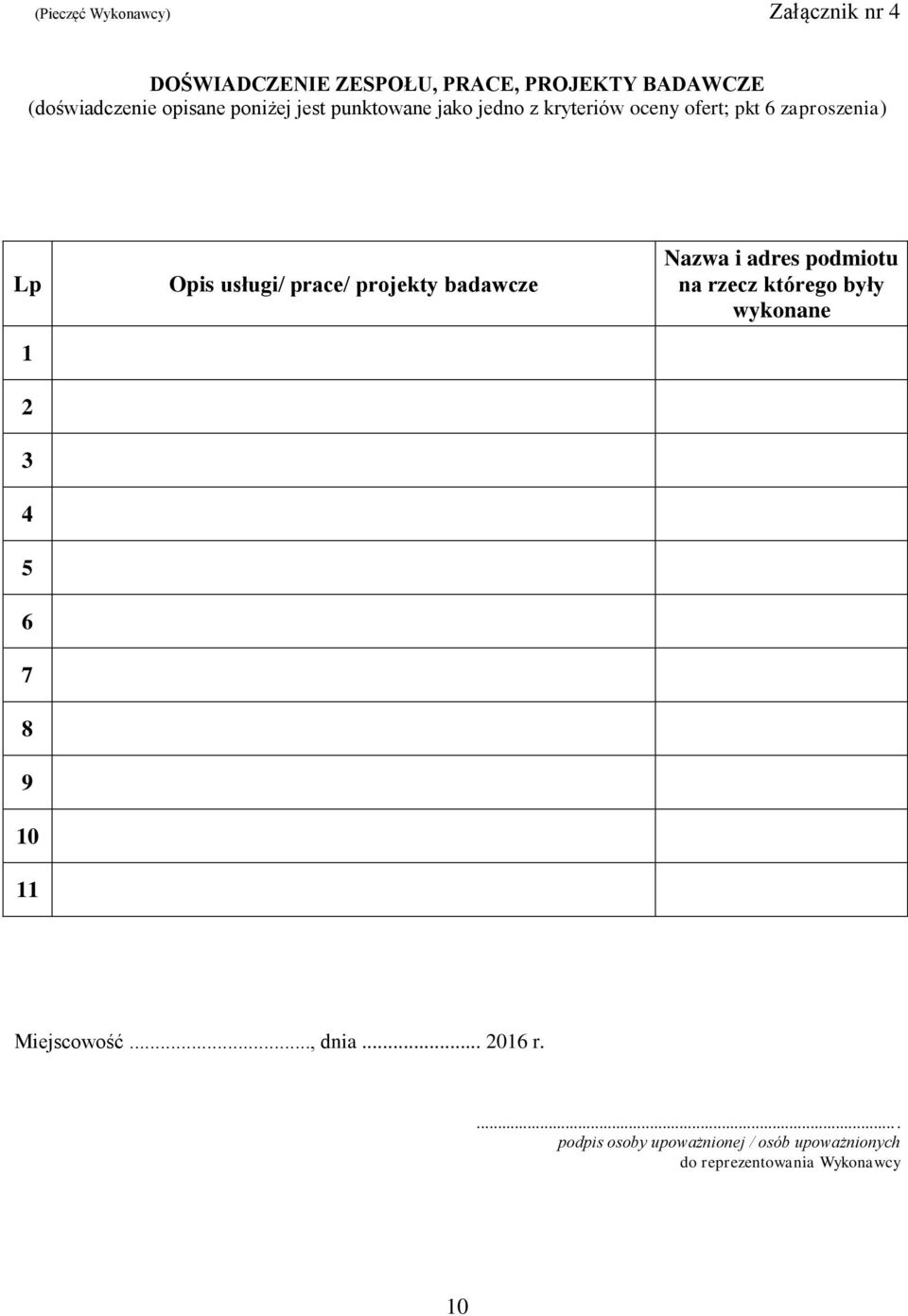 8 9 10 11 Opis usługi/ prace/ projekty badawcze Nazwa i adres podmiotu na rzecz którego były wykonane