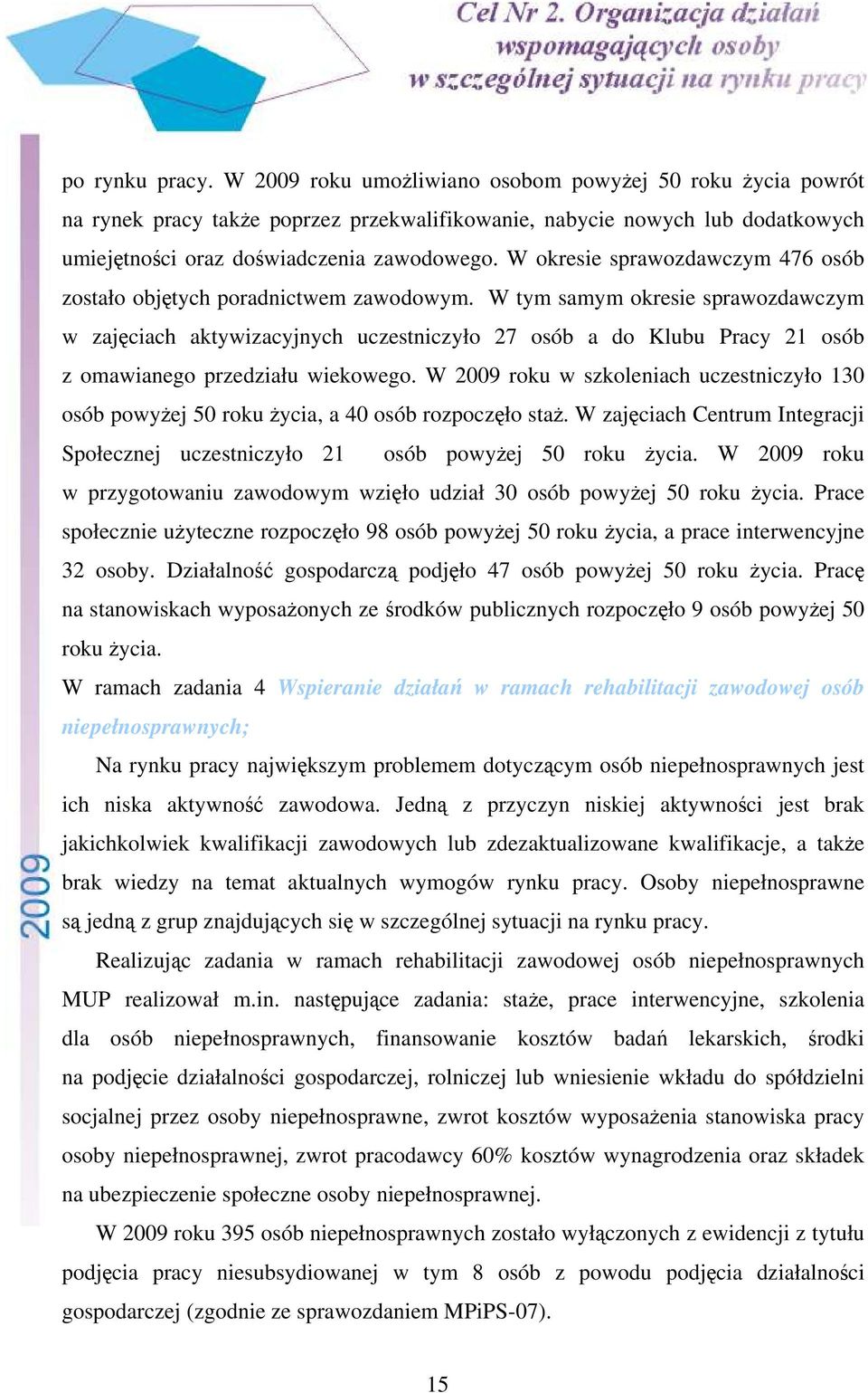 W tym samym okresie sprawozdawczym w zajęciach aktywizacyjnych uczestniczyło 27 osób a do Klubu Pracy 21 osób z omawianego przedziału wiekowego.