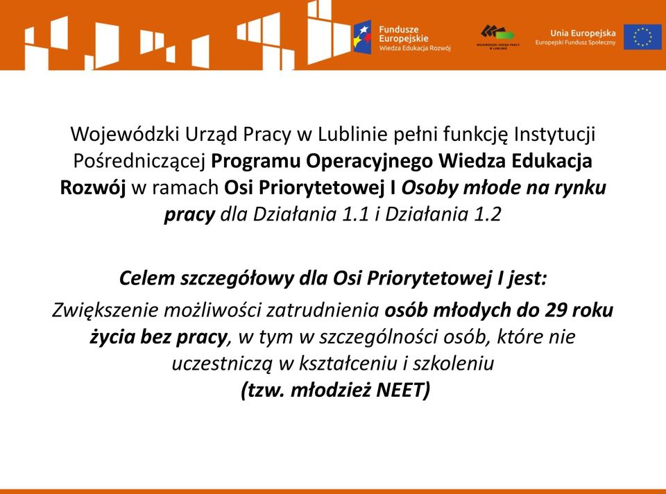 2 Celem szczegółowy dla Osi Priorytetowej I jest: Zwiększenie możliwości zatrudnienia osób młodych do 29