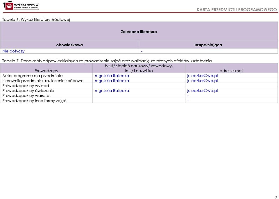imię i nazwisko adres e-mail Autor programu dla przedmiotu mgr Julia Ratecka juleczkar@wp.