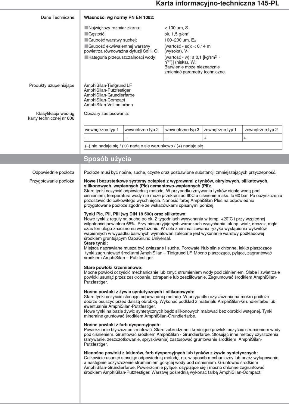 sd): < 0,14 m (wysoka), V 1 (wartość - w): 0,1 [kg/(m 2 h 0,5 )] (niska), W 3 Barwienie może nieznacznie zmieniać parametry techniczne.