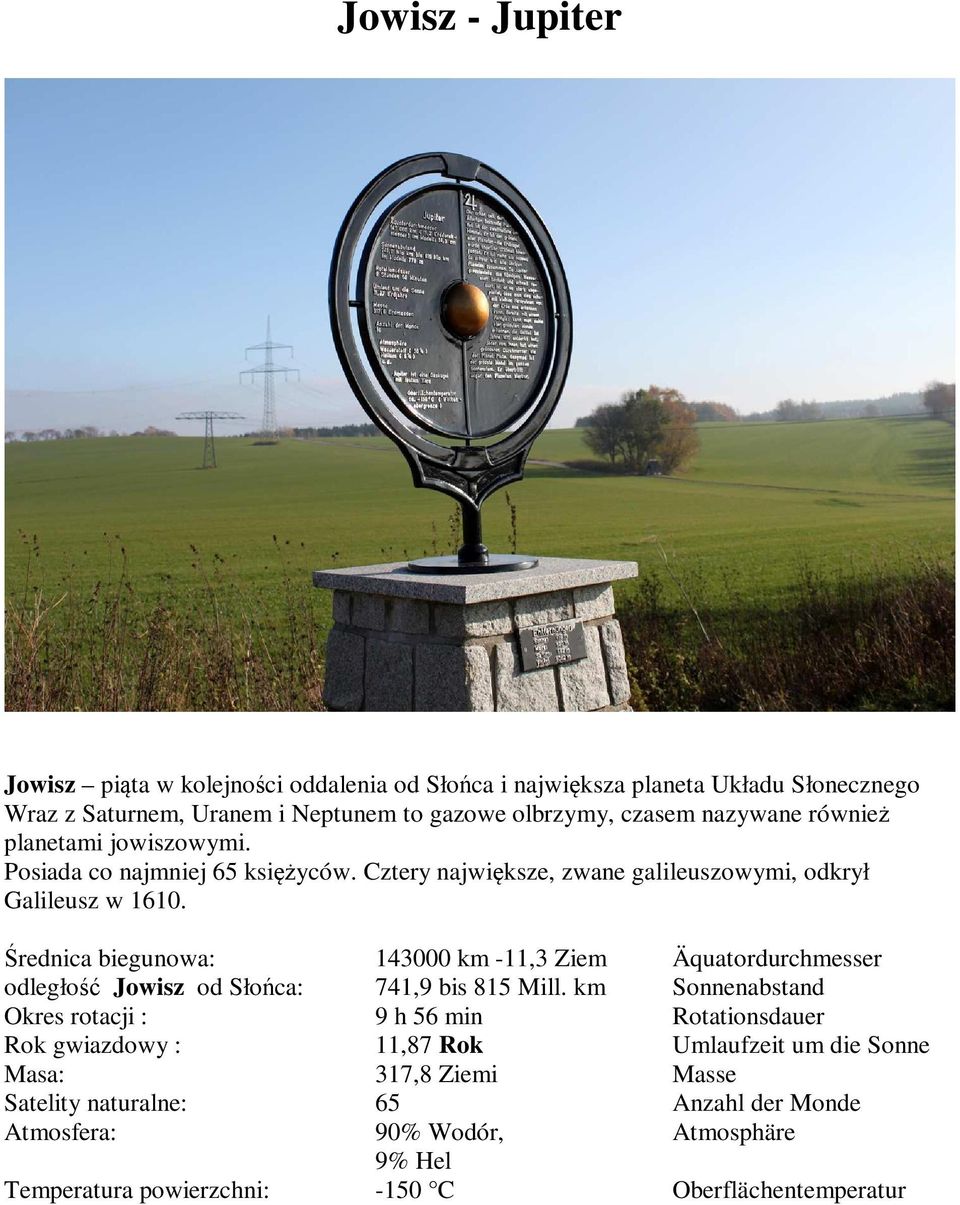 Średnica biegunowa: 143000 km -11,3 Ziem Äquatordurchmesser odległość Jowisz od Słońca: 741,9 bis 815 Mill.