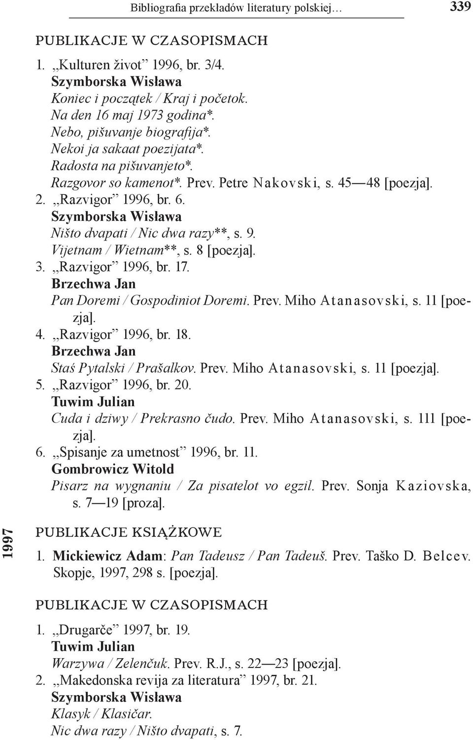 Vijetnam / Wietnam**, s. 8 [poezja]. 3. Razvigor 1996, br. 17. Brzechwa Jan Pan Doremi / Gospodiniot Doremi. Prev. Miho Atanasovski, s. 11 [poezja]. 4. Razvigor 1996, br. 18.