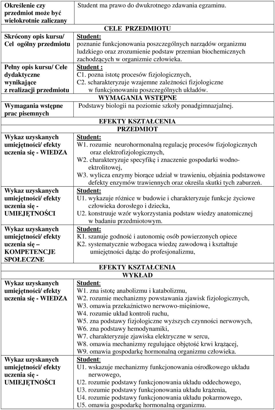 CELE PRZEDMIOTU poznanie funkcjonowania poszczególnych narządów organizmu ludzkiego oraz zrozumienie podstaw przemian biochemicznych zachodzących w organizmie człowieka. Student : C1.