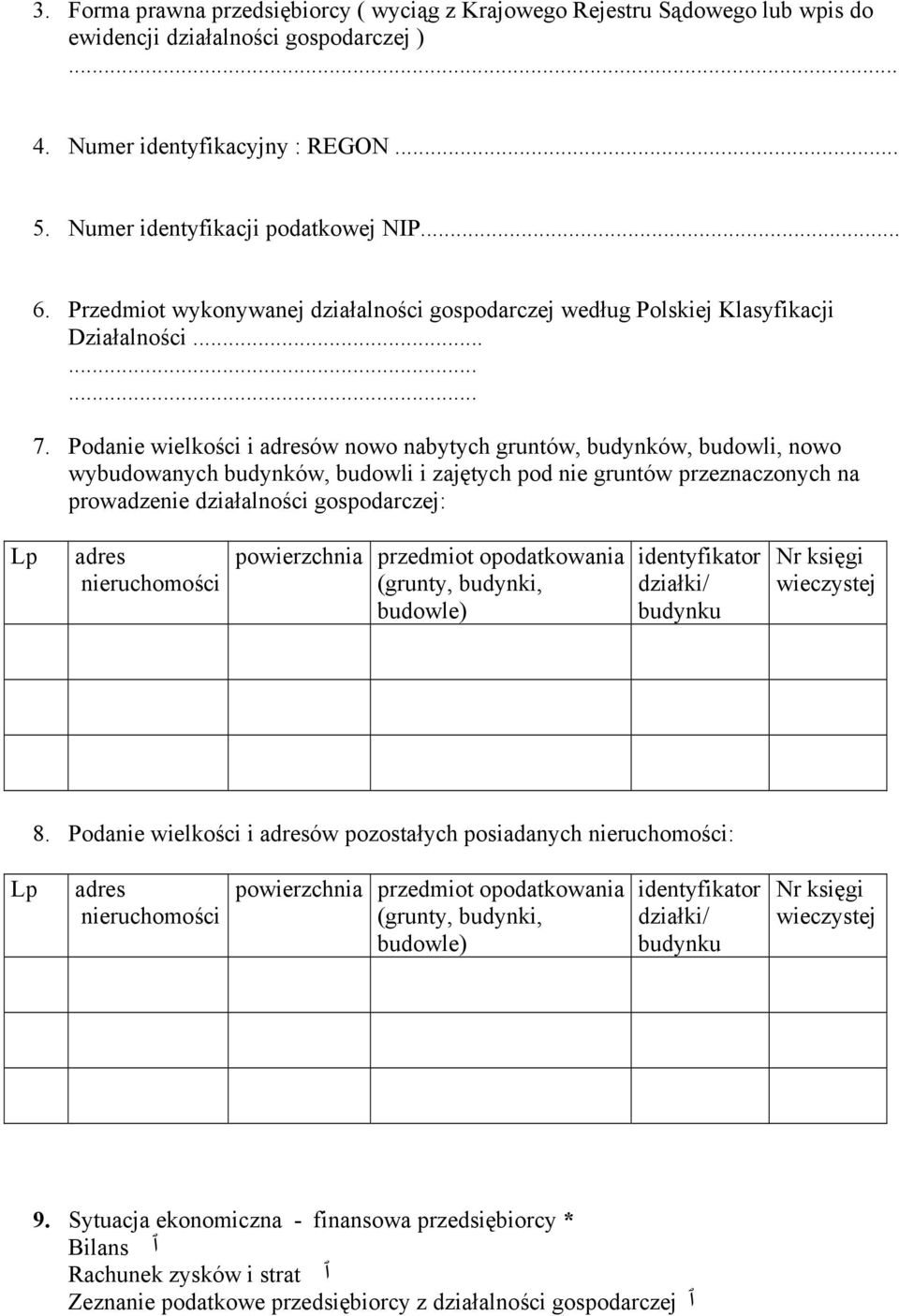 Podanie wielkości i adresów nowo nabytych gruntów, budynków, budowli, nowo wybudowanych budynków, budowli i zajętych pod nie gruntów przeznaczonych na prowadzenie działalności gospodarczej: Lp adres