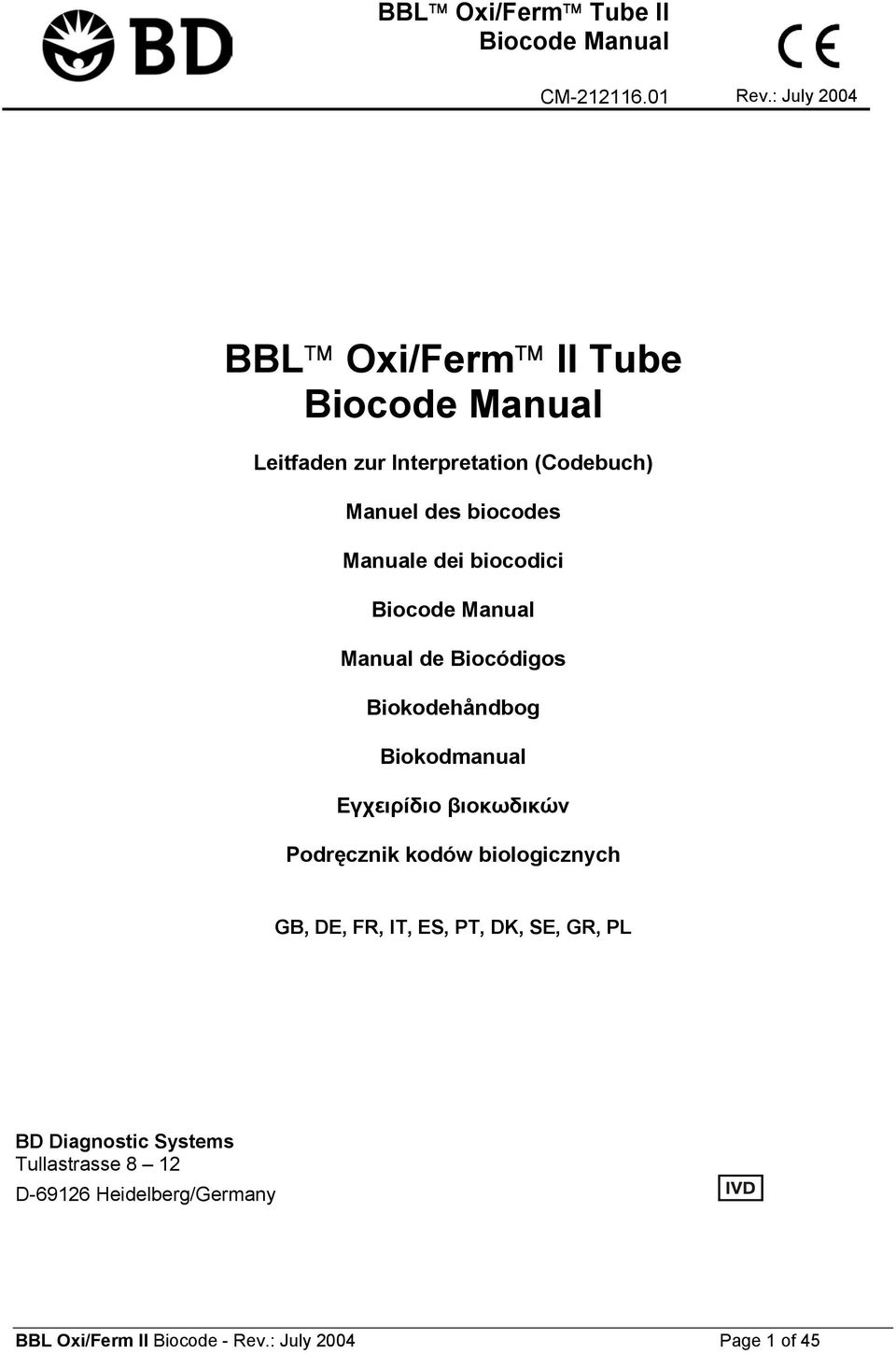 Manuale dei biocodici Biocode Manual Manual de Biocódigos Biokodehåndbog Biokodmanual Εγχειρίδιο βιοκωδικών