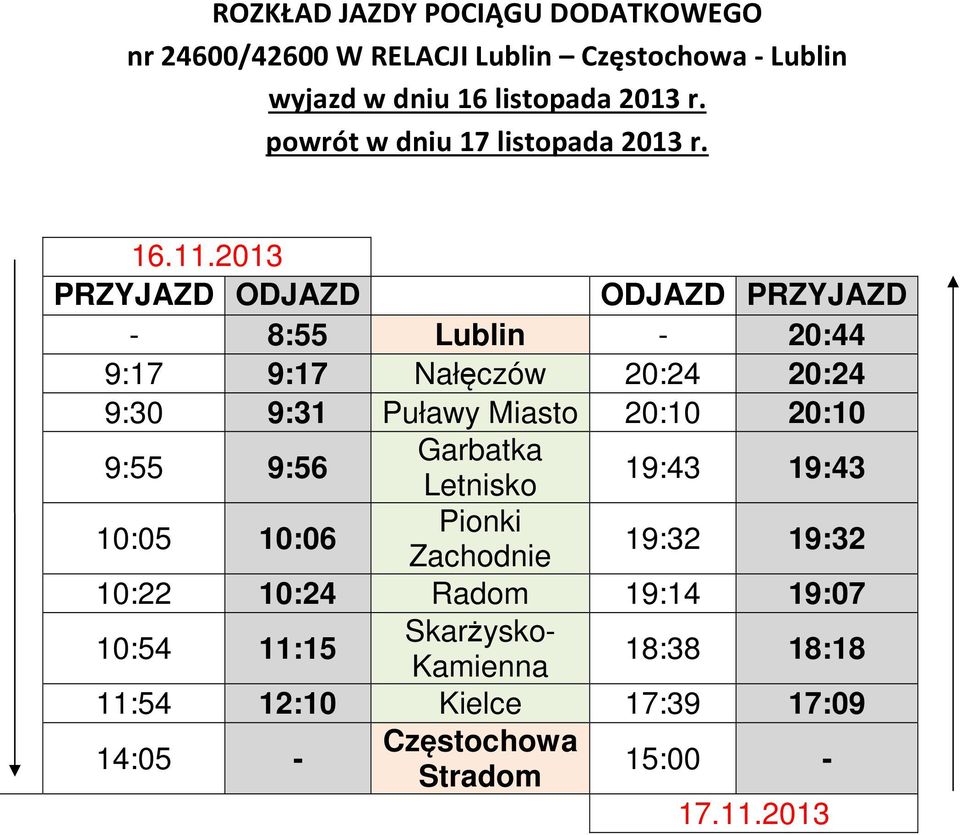 Letnisko 19:43 19:43 10:05 10:06 Pionki Zachodnie 19:32 19:32 10:22 10:24 Radom 19:14 19:07 10:54