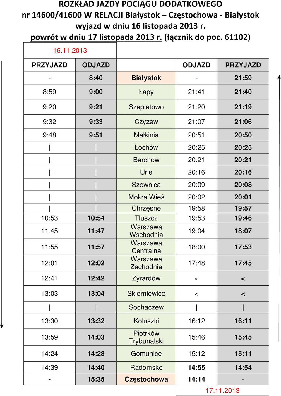 20:21 Urle 20:16 20:16 Szewnica 20:09 20:08 Mokra Wieś 20:02 20:01 Chrzęsne 19:58 19:57 10:53 10:54 Tłuszcz 19:53 19:46 11:45 11:47 Warszawa Wschodnia 19:04 18:07 11:55 11:57 Warszawa