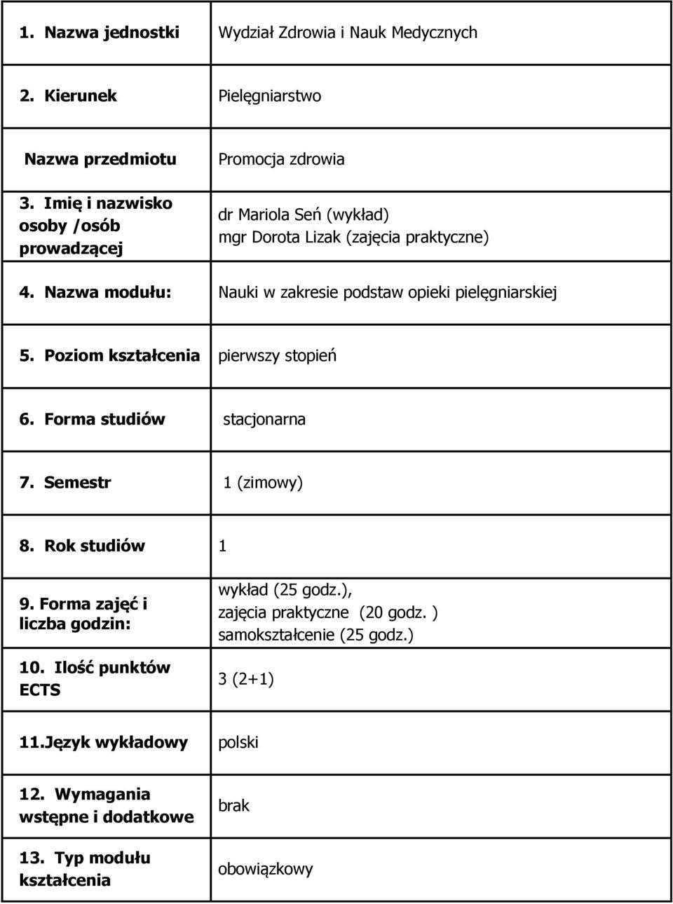 Nazwa modułu: Nauki w zakresie podstaw opieki pielęgniarskiej 5. Poziom kształcenia pierwszy stopień 6. Forma studiów stacjonarna 7. Semestr 1 (zimowy) 8.