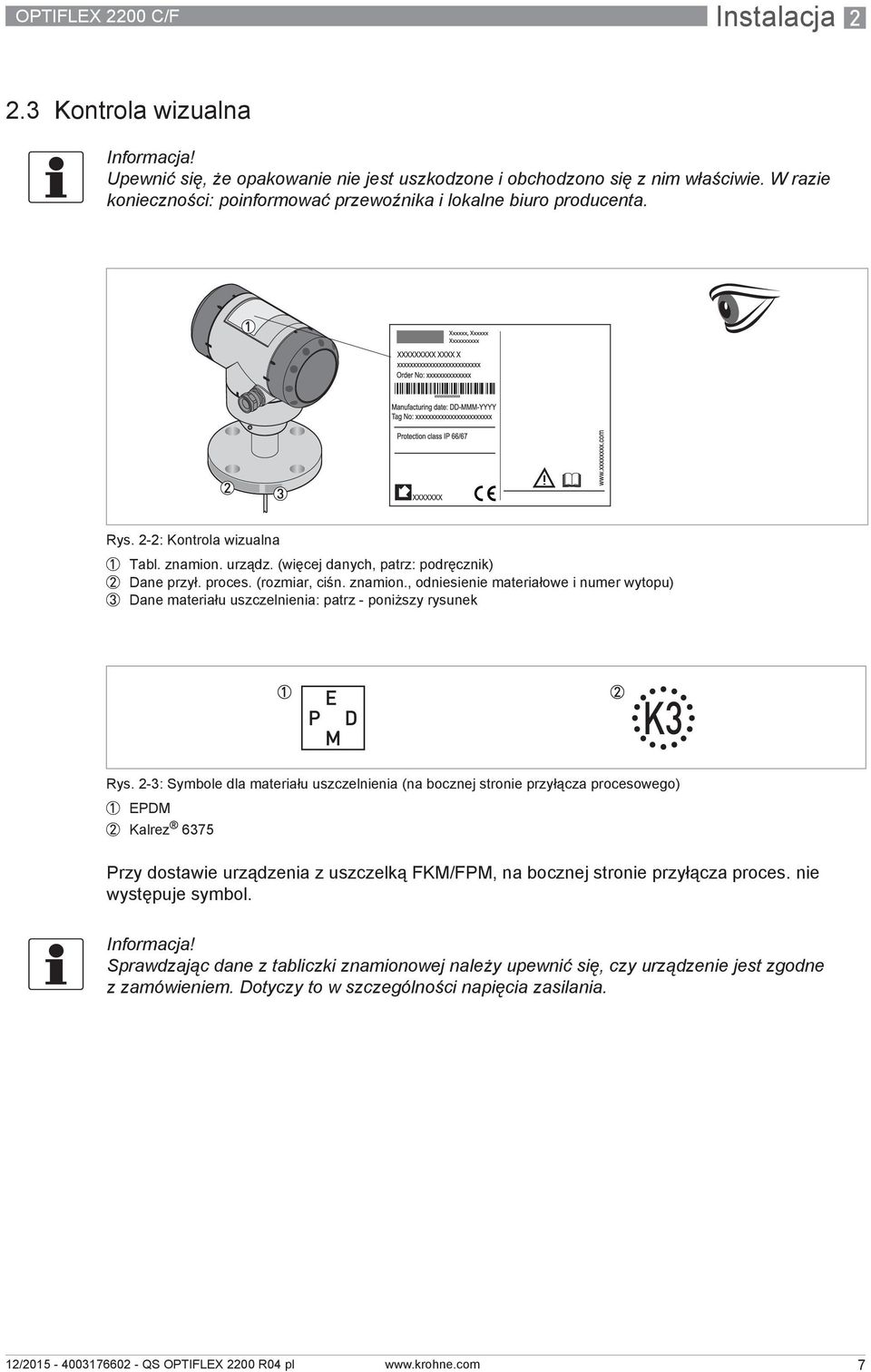 znamion., odniesienie materiałowe i numer wytopu) 3 Dane materiału uszczelnienia: patrz - poniższy rysunek Rys.
