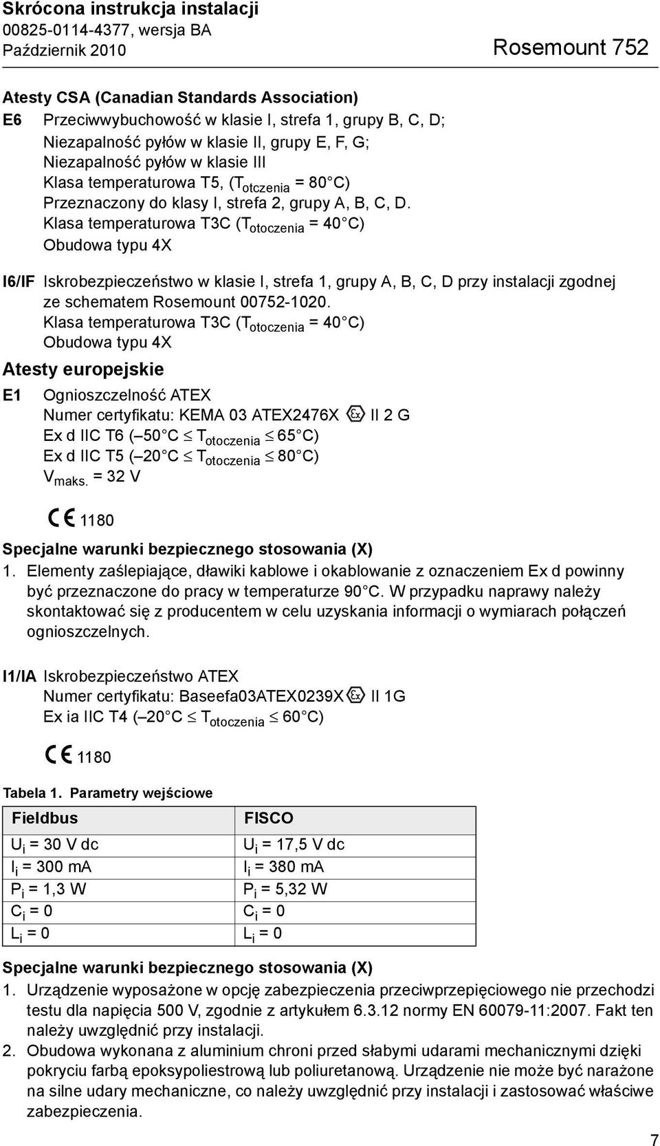 Klasa temperaturowa T3C (T otoczenia = 40 C) Obudowa typu 4X I6/IF Iskrobezpieczeństwo w klasie I, strefa 1, grupy A, B, C, D przy instalacji zgodnej ze schematem Rosemount 00752-1020.