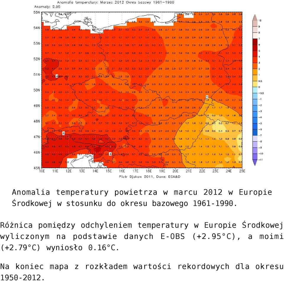 Różnica pomiędzy odchyleniem temperatury w Europie Środkowej wyliczonym na