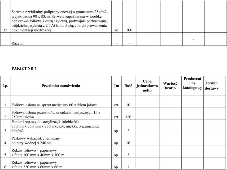 100 Razem: - - - PAKIET NR 7 Lp. Przedmiot zamówienia Jm Ilość Cena jednostkowa netto Wartość brutto Producent i nr katalogowy Termin dostawy 1 Foliowa osłona na sprzęt medyczny 60 x 55cm jałowa szt.