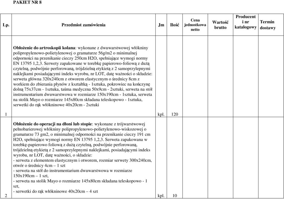 polipropylenowo-polietylenowej o gramaturze 56g/m2 o minimalnej odporności na przenikanie cieczy 250cm H2O, spełniające wymogi normy EN 13795 1,2,3.