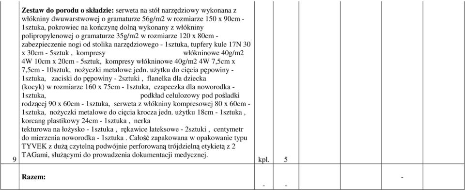 5sztuk, kompresy włókninowe 40g/m2 4W 7,5cm x 7,5cm - 10sztuk, noŝyczki metalowe jedn.