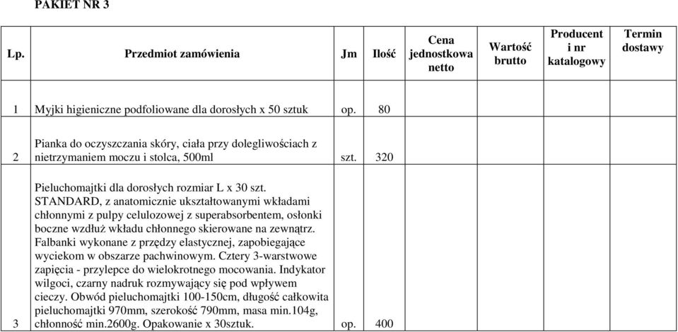 STANDARD, z anatomicznie ukształtowanymi wkładami chłonnymi z pulpy celulozowej z superabsorbentem, osłonki boczne wzdłuŝ wkładu chłonnego skierowane na zewnątrz.