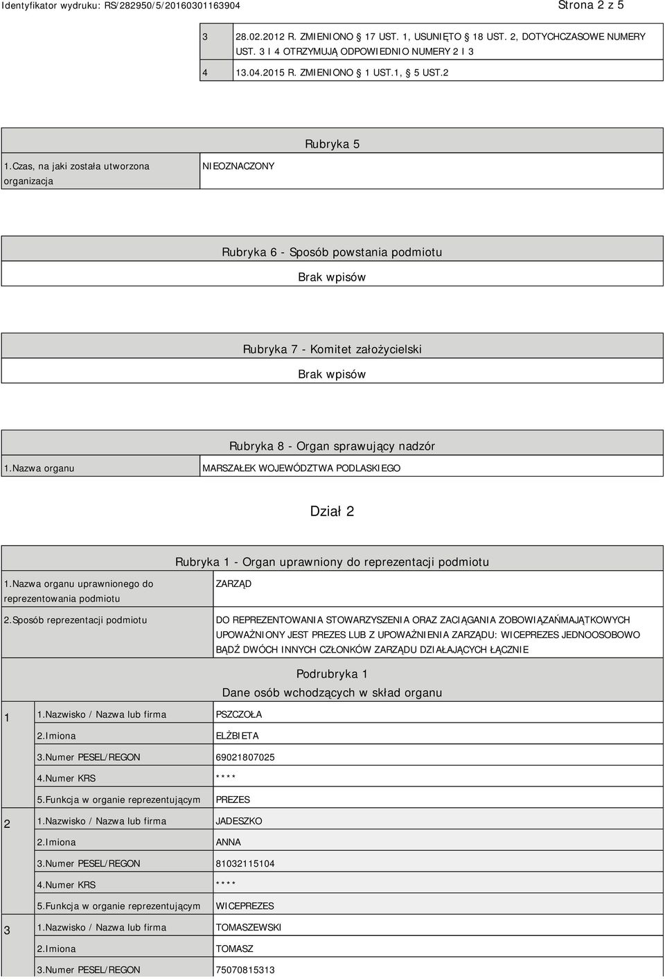 Nazwa organu MARSZAŁEK WOJEWÓDZTWA PODLASKIEGO Dział 2 Rubryka 1 - Organ uprawniony do reprezentacji podmiotu 1.Nazwa organu uprawnionego do reprezentowania podmiotu 2.