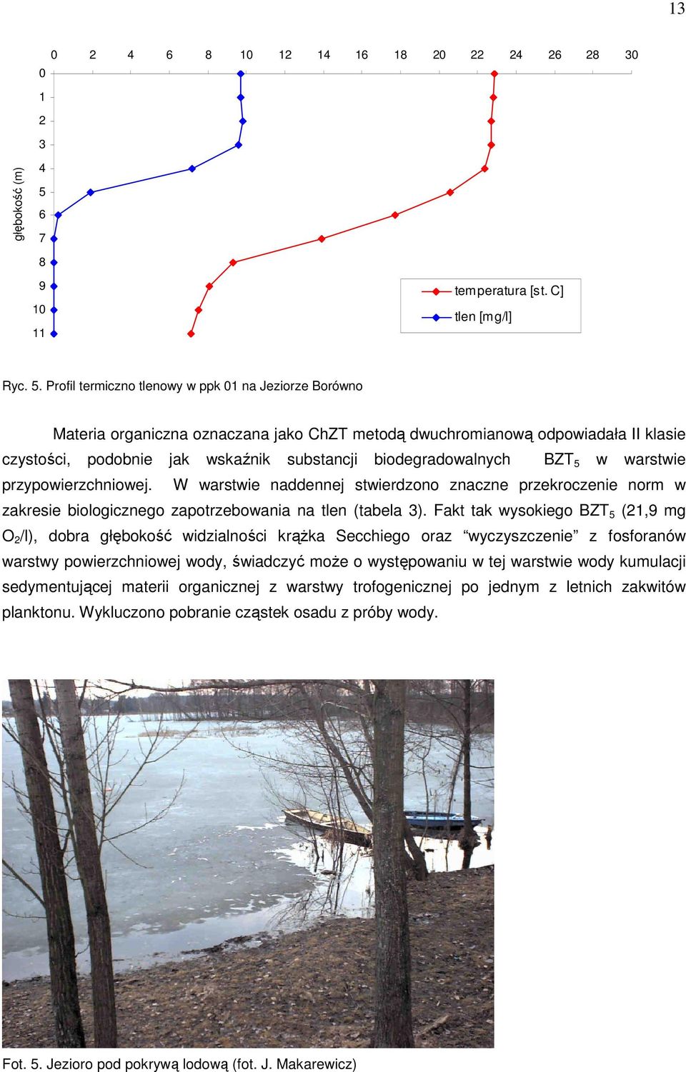 Profil termiczno tlenowy w ppk 01 na Jeziorze Borówno Materia organiczna oznaczana jako ChZT metodą dwuchromianową odpowiadała II klasie czystości, podobnie jak wskaźnik substancji biodegradowalnych