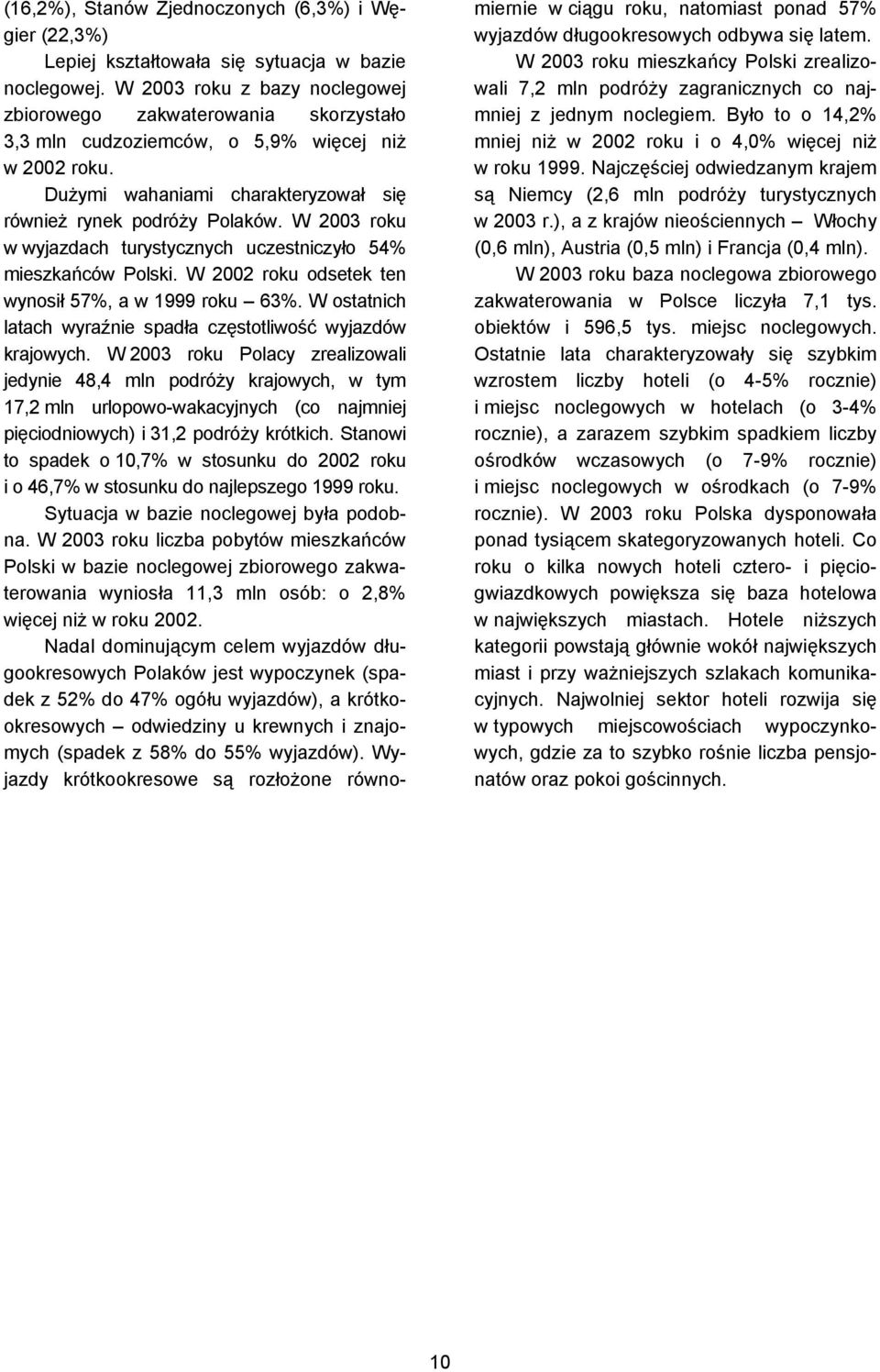 W roku w wyjazdach turystycznych uczestniczyło % mieszkańców Polski. W roku odsetek ten wynosił %, a w roku %. W ostatnich latach wyraźnie spadła częstotliwość wyjazdów krajowych.