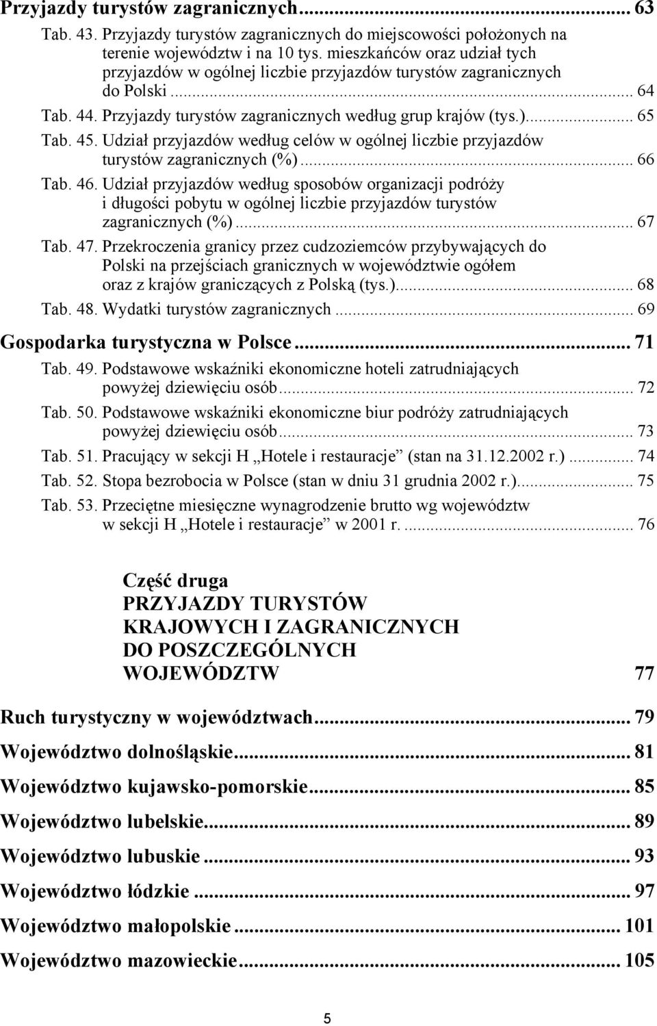 .. Tab.. Udział przyjazdów według sposobów organizacji podróży i długości pobytu w ogólnej liczbie przyjazdów turystów zagranicznych (%)... Tab.. Przekroczenia granicy przez cudzoziemców przybywających do Polski na przejściach granicznych w województwie ogółem oraz z krajów graniczących z Polską (tys.