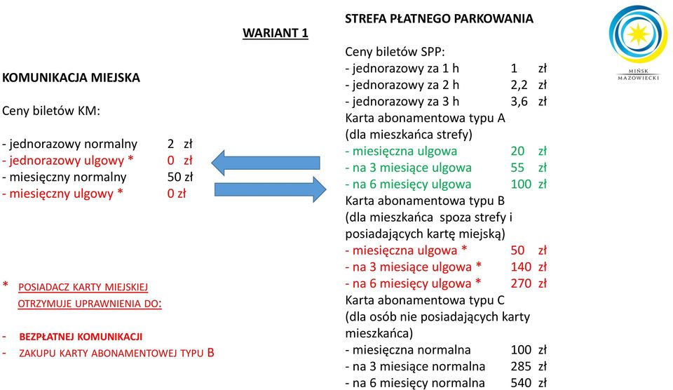 zł Karta abonamentowa typu A (dla mieszkańca strefy) - miesięczna ulgowa 20 zł - na 3 miesiące ulgowa 55 zł - na 6 miesięcy ulgowa 100 zł Karta abonamentowa typu B (dla mieszkańca spoza strefy i