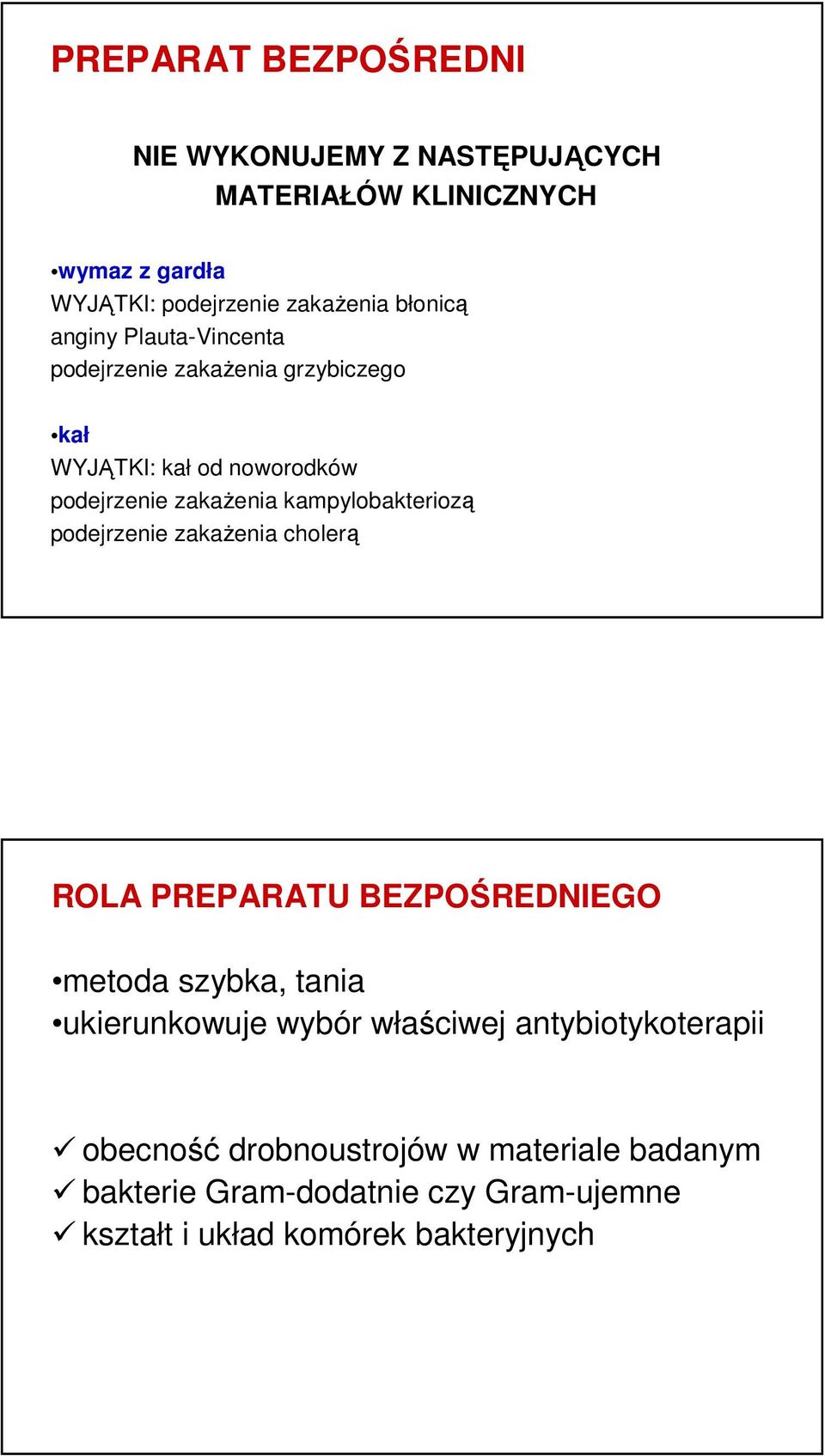 kampylobakteriozą podejrzenie zakażenia cholerą ROLA PREPARATU BEZPOŚREDNIEGO metoda szybka, tania ukierunkowuje wybór