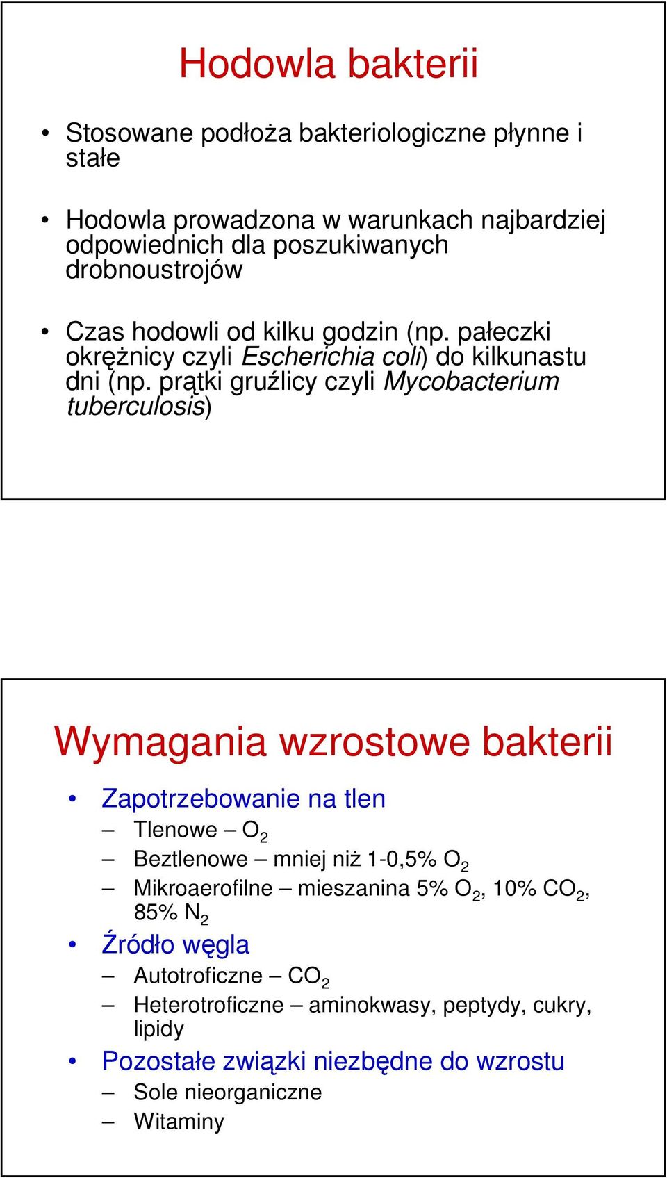 prątki gruźlicy czyli Mycobacterium tuberculosis) Wymagania wzrostowe bakterii Zapotrzebowanie na tlen Tlenowe O 2 Beztlenowe mniej niż 1-0,5% O 2