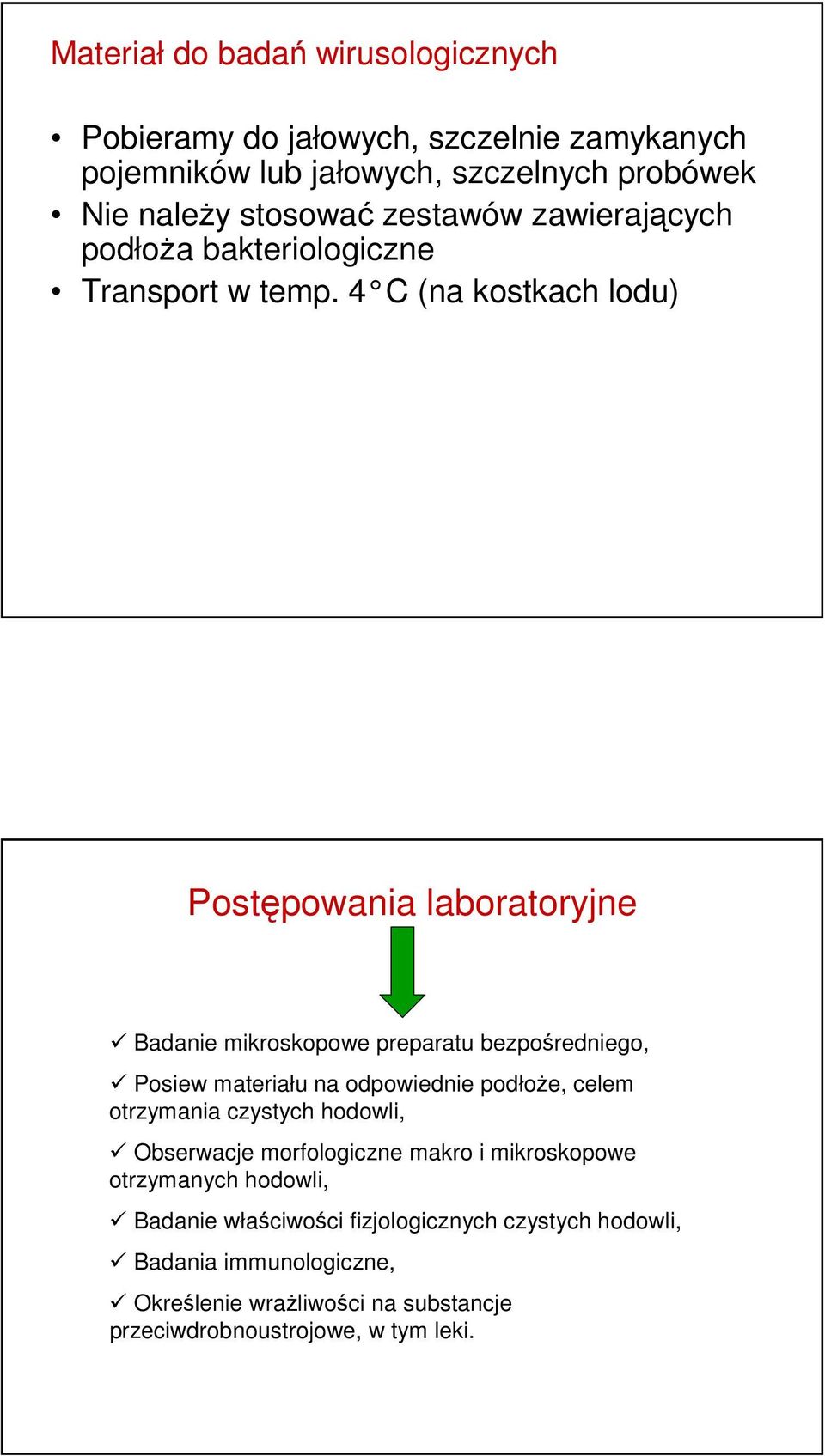 4 C (na kostkach lodu) Postępowania laboratoryjne Badanie mikroskopowe preparatu bezpośredniego, Posiew materiału na odpowiednie podłoże, celem