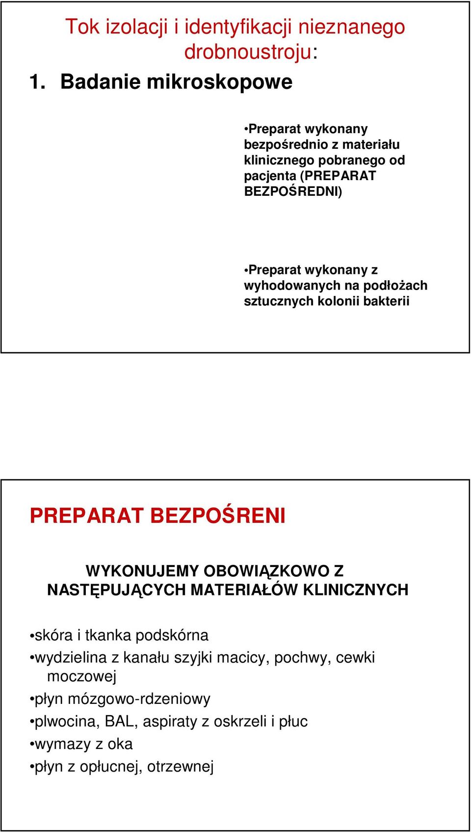 wykonany z wyhodowanych na podłożach sztucznych kolonii bakterii PREPARAT BEZPOŚRENI WYKONUJEMY OBOWIĄZKOWO Z NASTĘPUJĄCYCH